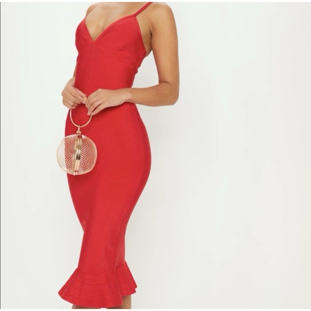 PrettyLittleThing Red Bodycon Midi Dress Size 6 Autumn Wedding Guest Cocktail